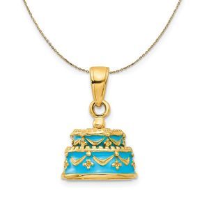 14k Yellow Gold Blue Enamel Happy Birthday Cake Necklace - 18 Inch